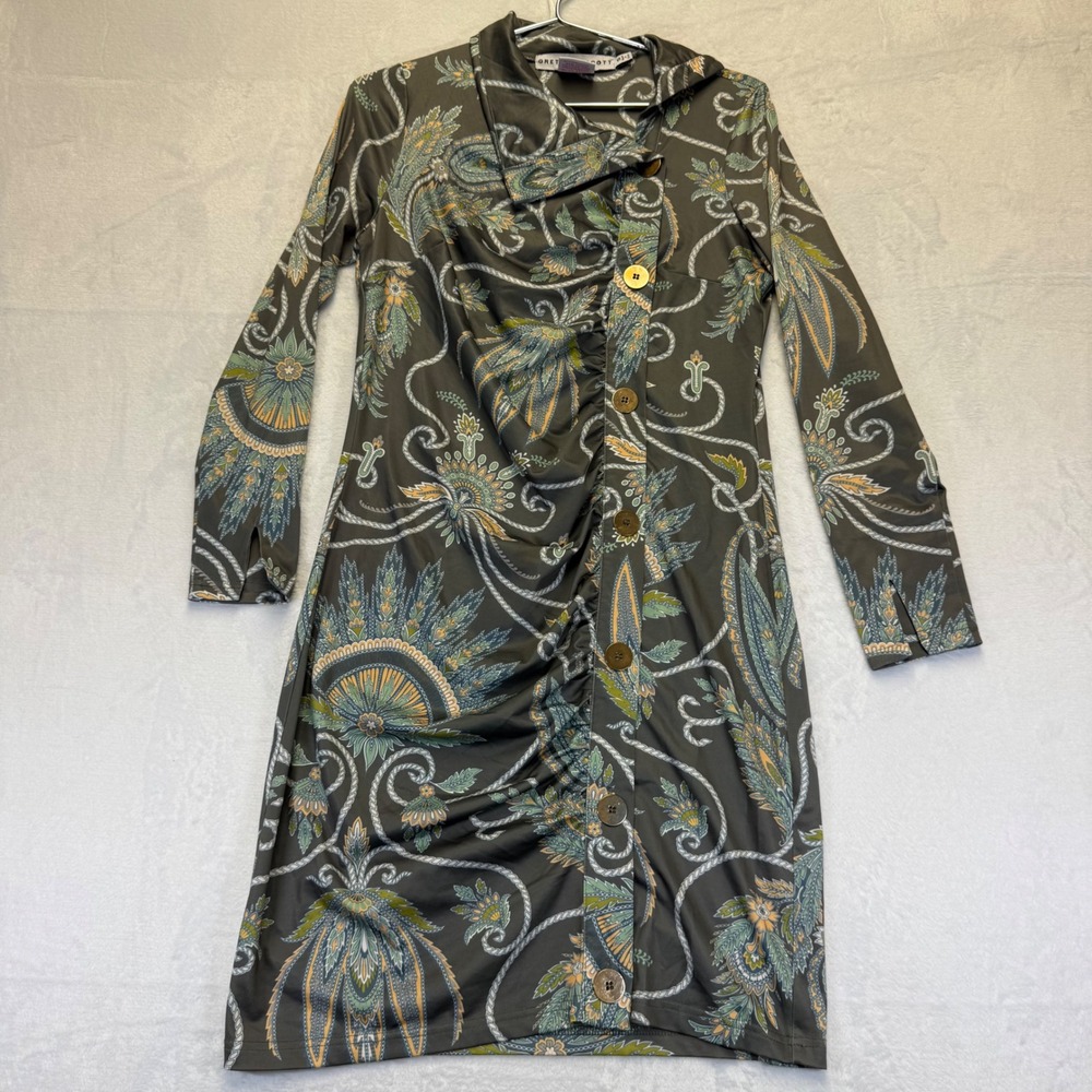 Gretchen Scott Womens Small Paisley Ruched‎ Button Front Shirt Dress Gray Green